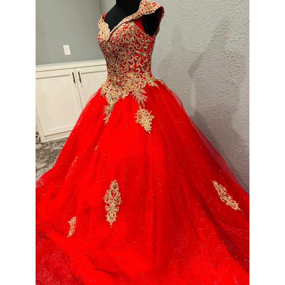 Chicas Red & Gold Ball Gown Dress | Size Large | Off-Shoulder Glitter Tulle - Picture 13 of 16